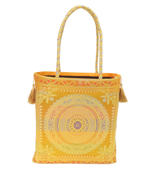 Mandala Mustard Handbag Indian Ethnic Woven Zari Brocade Shoulder Hand Bag