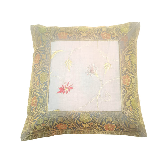 12x12 Inch Cushion Cover Gray Embroidered Banarasi Silk Floral Zari Zari Brocade