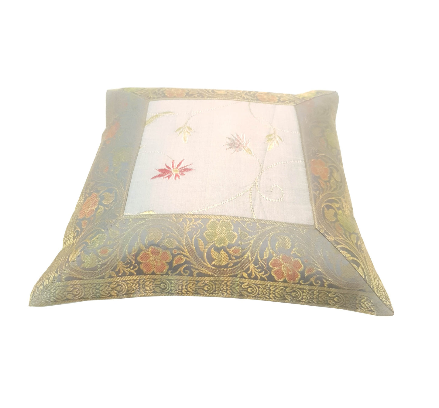 12x12 Inch Cushion Cover Gray Embroidered Banarasi Silk Floral Zari Zari Brocade