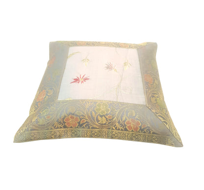 12x12 Inch Cushion Cover Gray Embroidered Banarasi Silk Floral Zari Zari Brocade