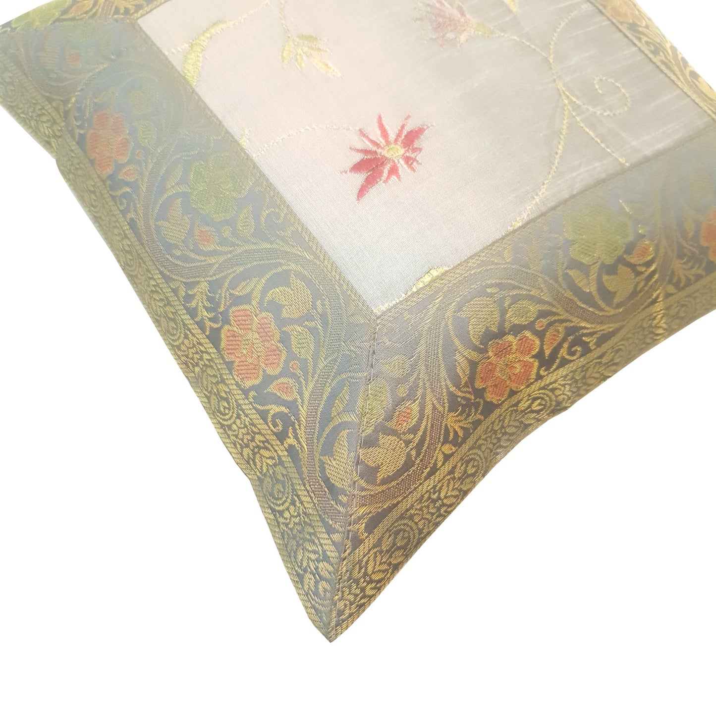 12x12 Inch Cushion Cover Gray Embroidered Banarasi Silk Floral Zari Zari Brocade