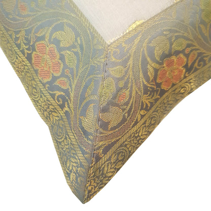 12x12 Inch Cushion Cover Gray Embroidered Banarasi Silk Floral Zari Zari Brocade