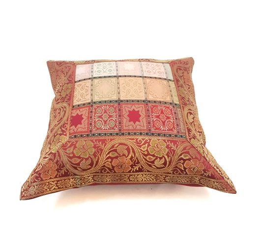 12x12 Inch Floral Cushion Cover Indian Woven Zari Brocade Banarasi Silk Paisley