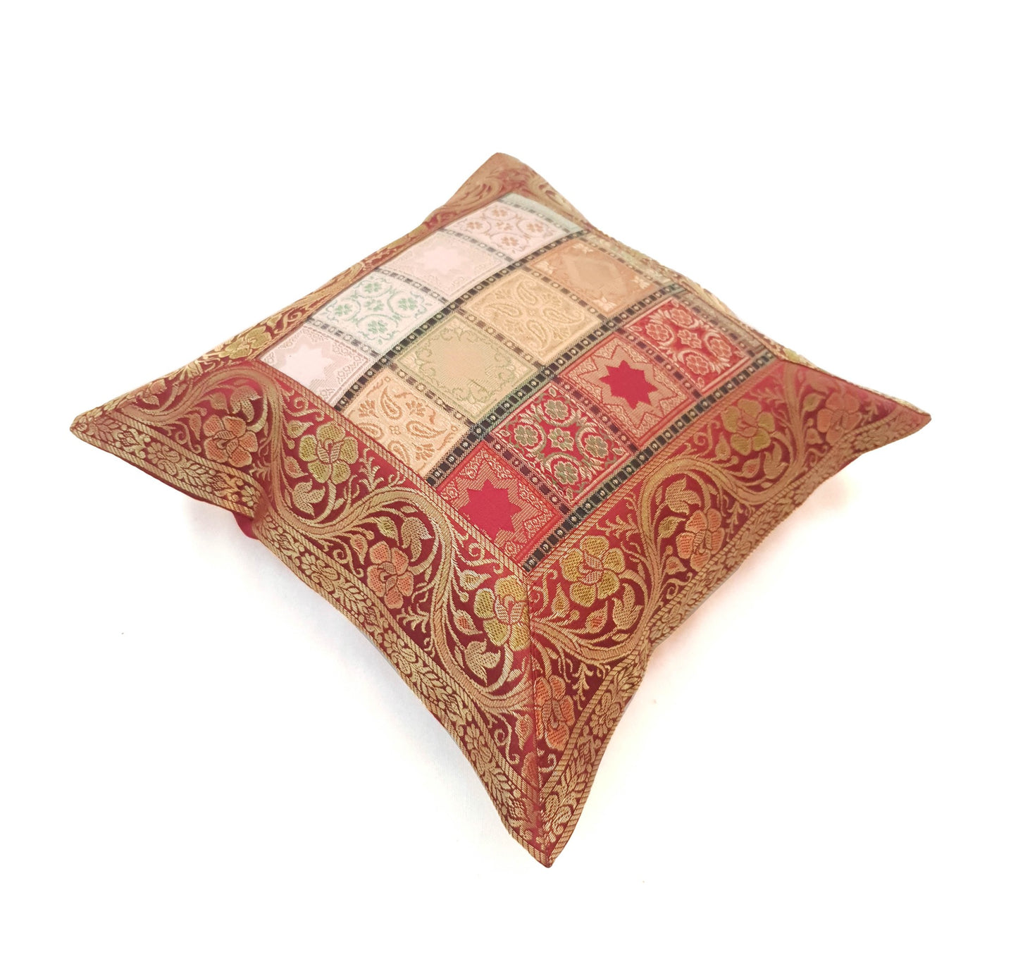 12x12 Inch Floral Cushion Cover Indian Woven Zari Brocade Banarasi Silk Paisley