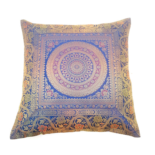 16x16 Inch Blue Cushion Covers Indian Mandala Woven Zari Brocade Banarasi Silk