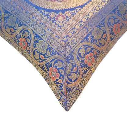 16x16 Inch Blue Cushion Covers Indian Mandala Woven Zari Brocade Banarasi Silk