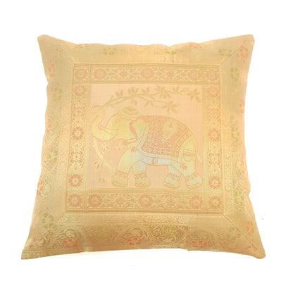 16x16 Inch Peach Cushion Cover Elephant Woven Zari Brocade Banarasi Silk Decor