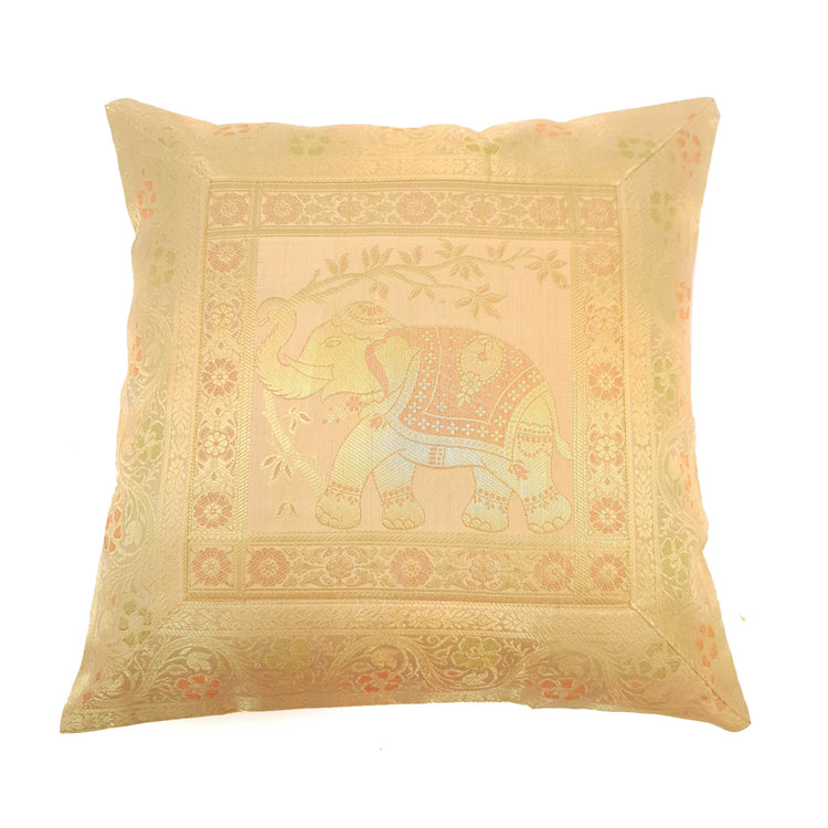 16x16 Inch Peach Cushion Cover Elephant Woven Zari Brocade Banarasi Silk Decor