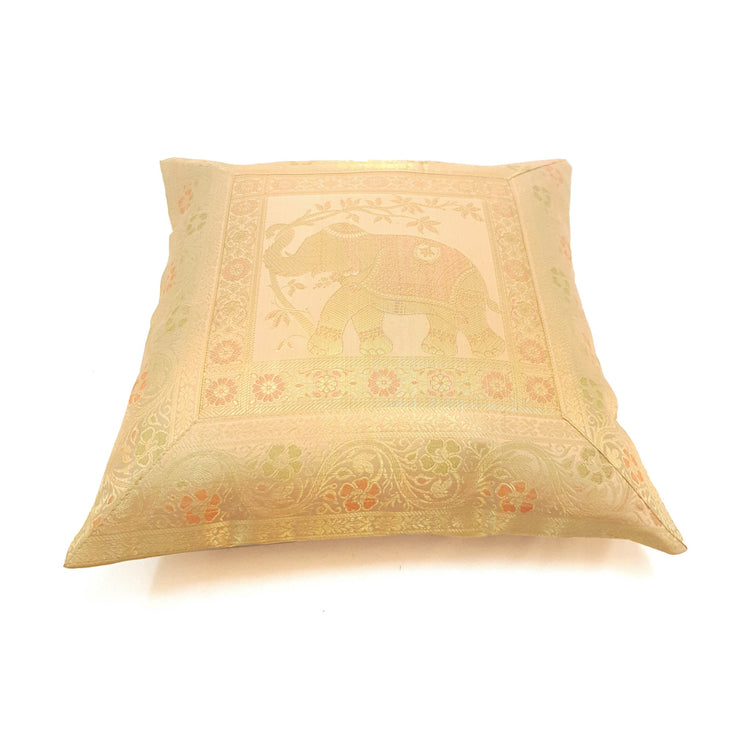 16x16 Inch Peach Cushion Cover Elephant Woven Zari Brocade Banarasi Silk Decor