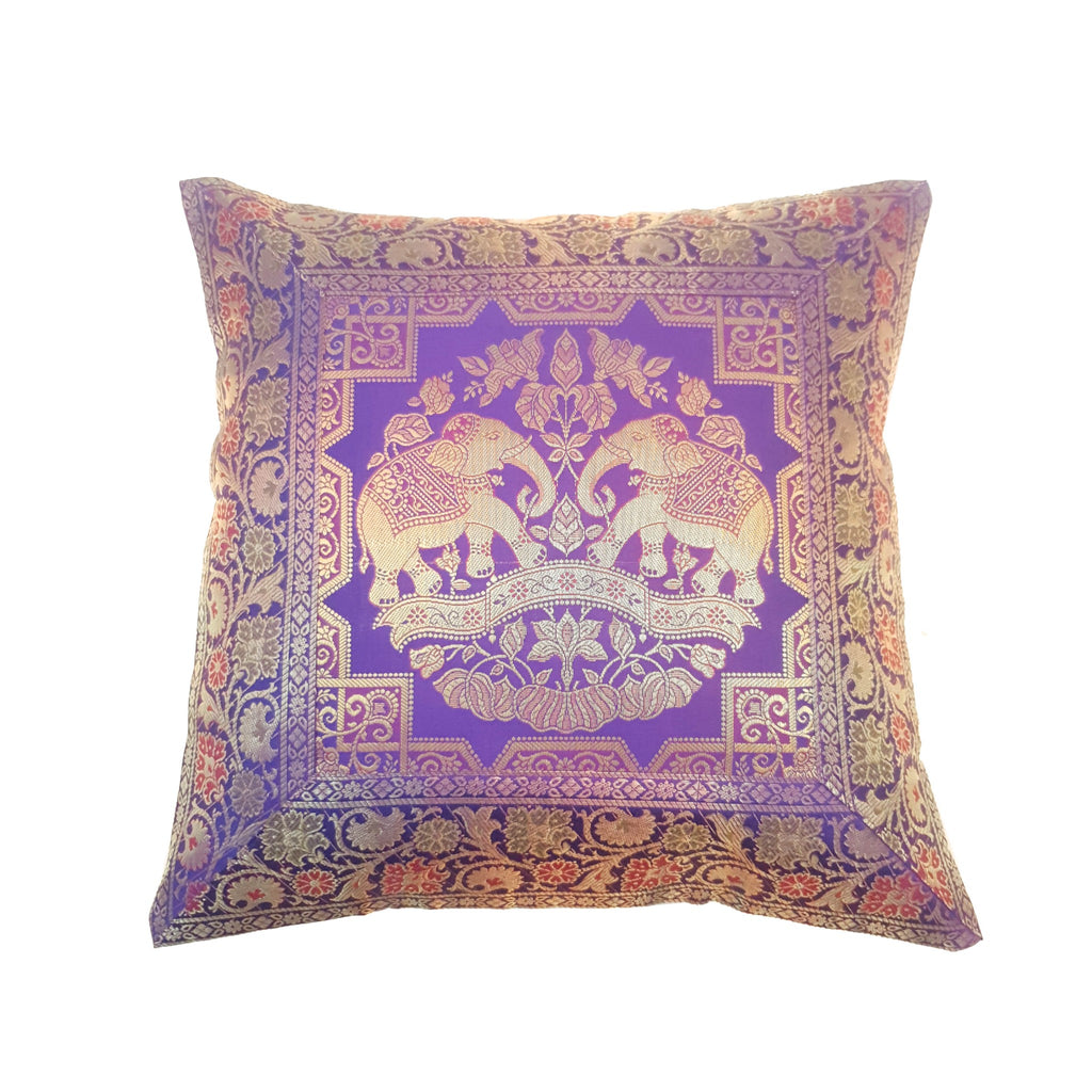 16x16 Inch Purple Cushion Cover Elephant Woven Zari Brocade Banarasi Silk Decor