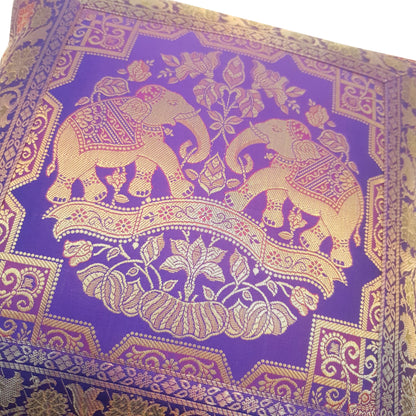 16x16 Inch Purple Cushion Cover Elephant Woven Zari Brocade Banarasi Silk Decor