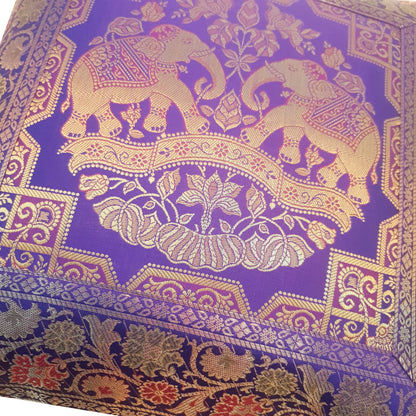 16x16 Inch Purple Cushion Cover Elephant Woven Zari Brocade Banarasi Silk Decor
