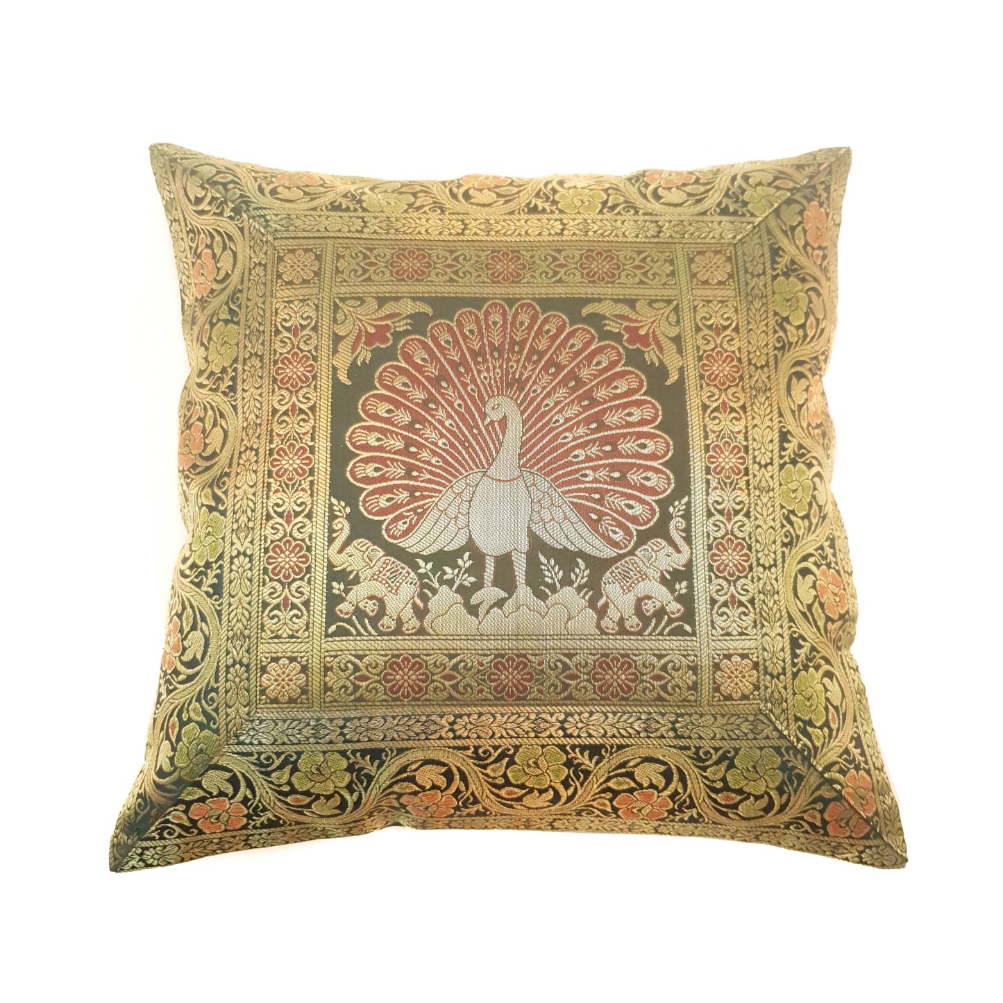 16x16 Inch Green Cushion Cover Peacock Woven Zari Brocade Banarasi Silk Decor