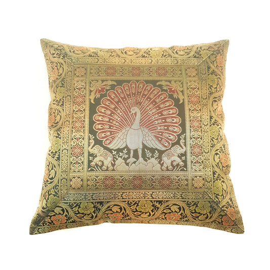 16x16 Inch Green Cushion Cover Peacock Woven Zari Brocade Banarasi Silk Decor