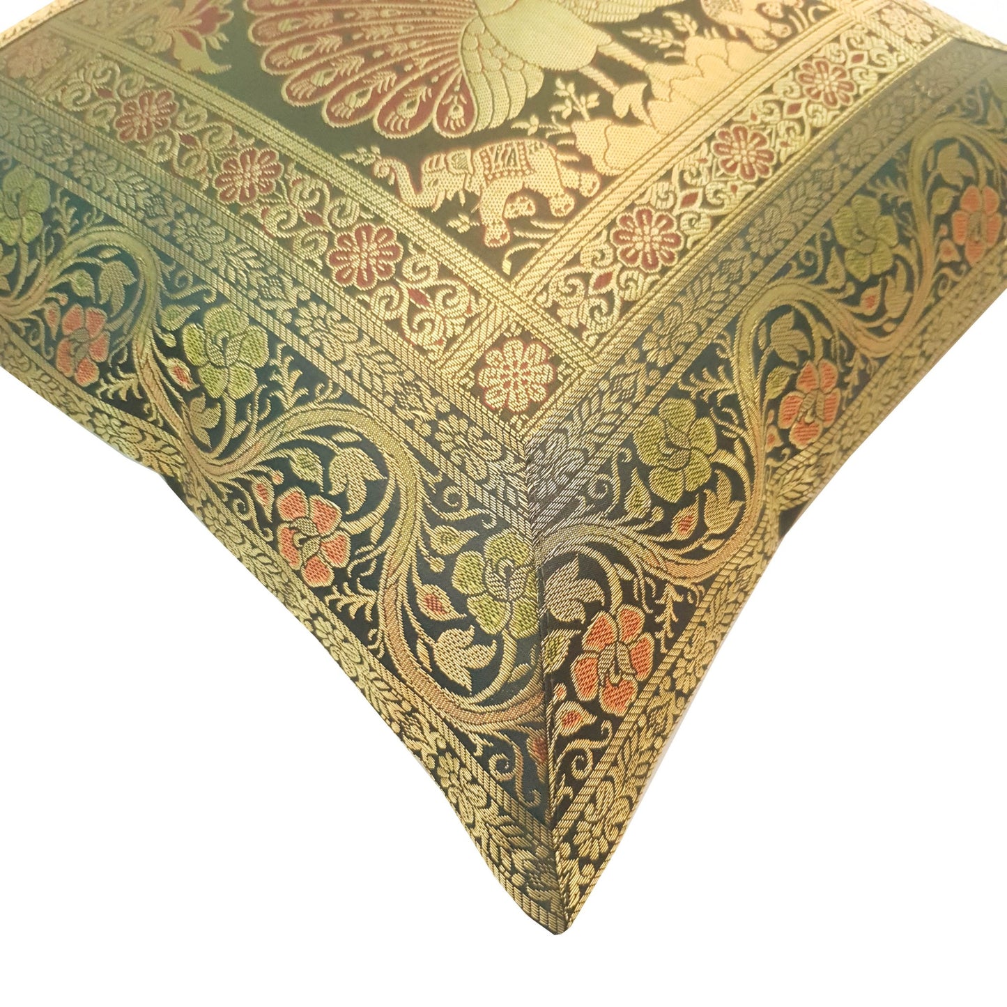 16x16 Inch Green Cushion Cover Peacock Woven Zari Brocade Banarasi Silk Decor
