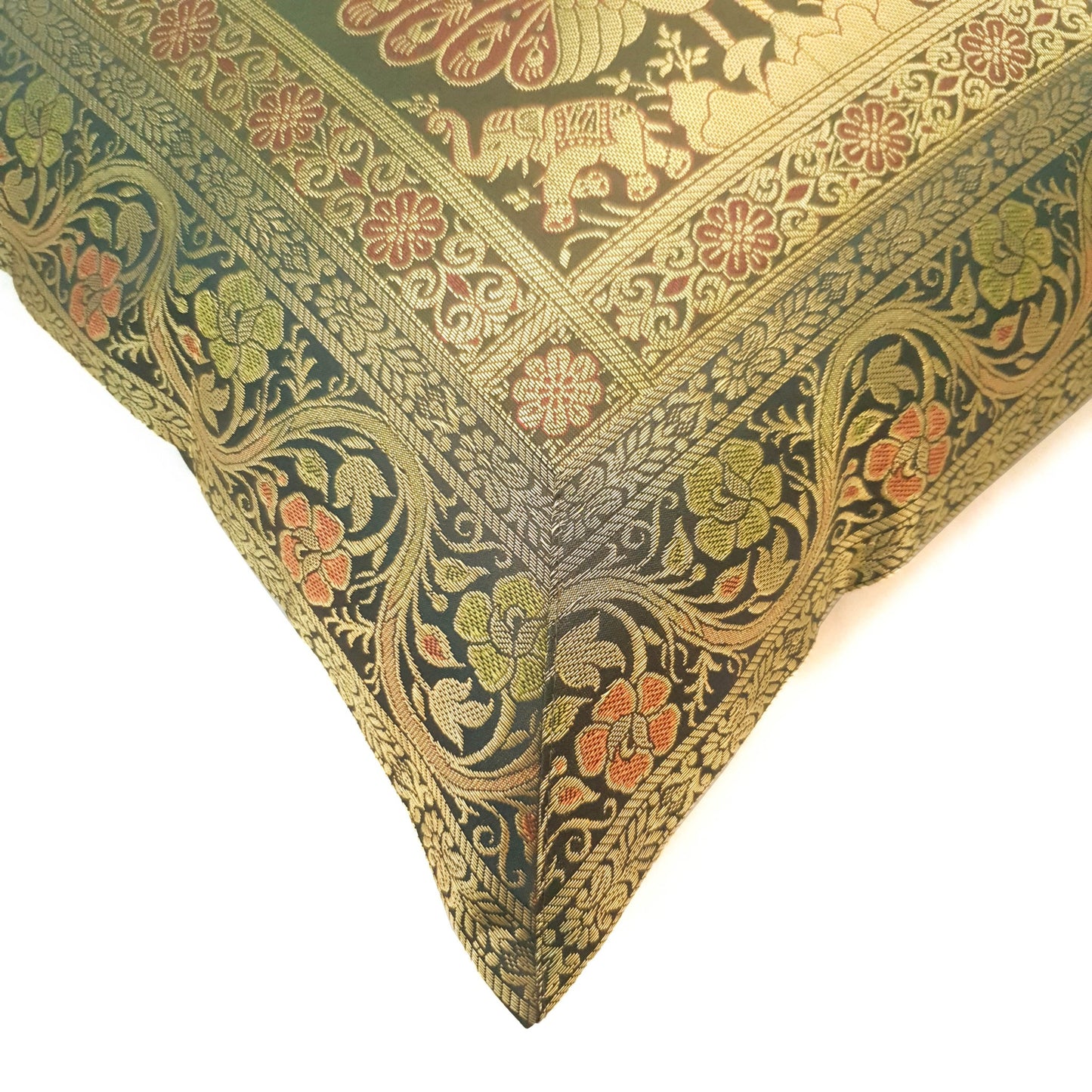 16x16 Inch Green Cushion Cover Peacock Woven Zari Brocade Banarasi Silk Decor