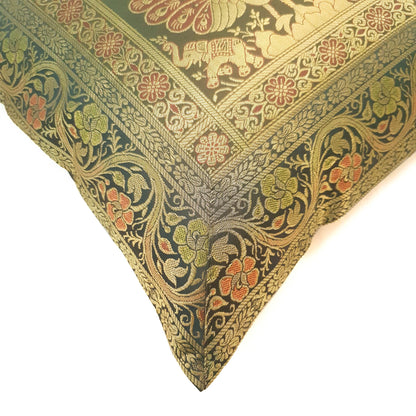 16x16 Inch Green Cushion Cover Peacock Woven Zari Brocade Banarasi Silk Decor