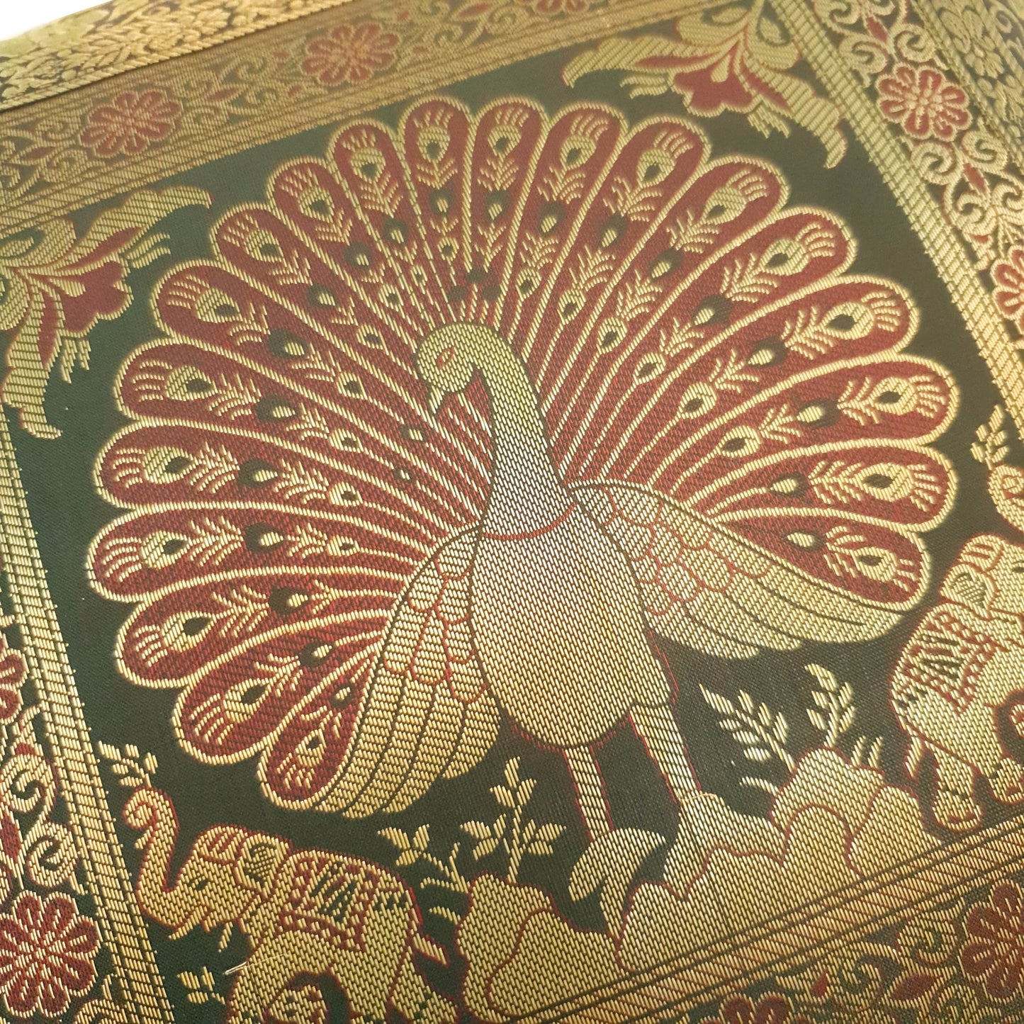 16x16 Inch Green Cushion Cover Peacock Woven Zari Brocade Banarasi Silk Decor