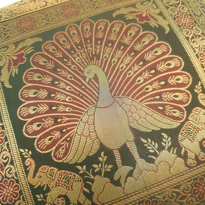 16x16 Inch Green Cushion Cover Peacock Woven Zari Brocade Banarasi Silk Decor