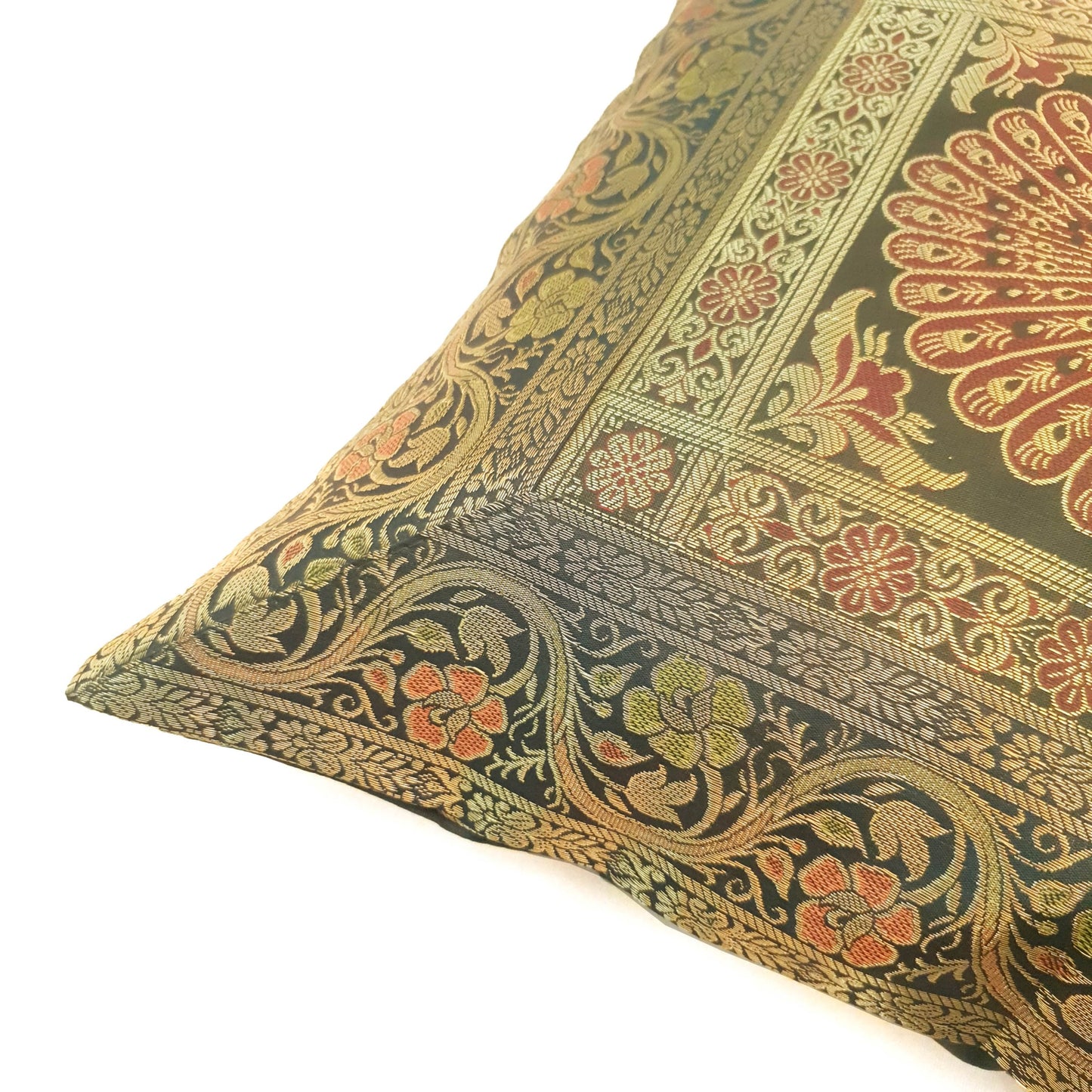 16x16 Inch Green Cushion Cover Peacock Woven Zari Brocade Banarasi Silk Decor