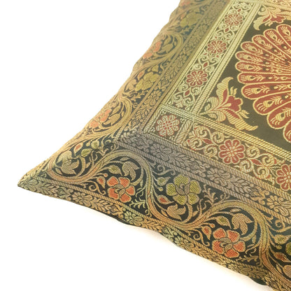 16x16 Inch Green Cushion Cover Peacock Woven Zari Brocade Banarasi Silk Decor