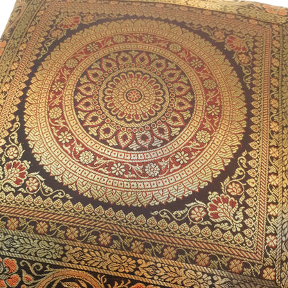 16x16 Inch Black Cushion Covers Indian Woven Zari Brocade Banarasi Silk Mandala