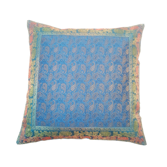 16X16 Inch Banarasi Turquoise Blue Zari Brocade Silk Paisley Cushion Covers