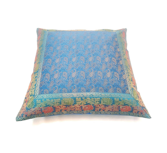 16X16 Inch Banarasi Turquoise Blue Zari Brocade Silk Paisley Cushion Covers