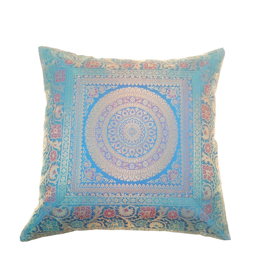 16x16 Inch Blue Cushion Covers Indian Woven Zari Brocade Banarasi Silk Mandala