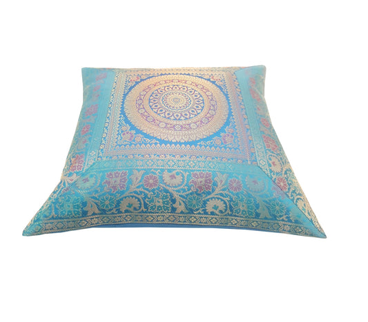 16x16 Inch Blue Cushion Covers Indian Woven Zari Brocade Banarasi Silk Mandala