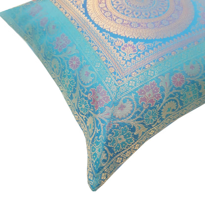 16x16 Inch Blue Cushion Covers Indian Woven Zari Brocade Banarasi Silk Mandala