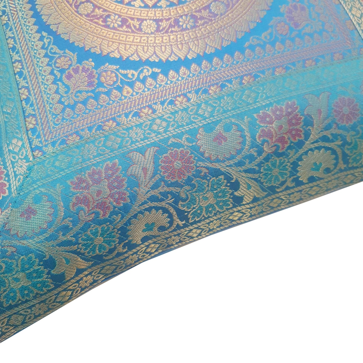 16x16 Inch Blue Cushion Covers Indian Woven Zari Brocade Banarasi Silk Mandala