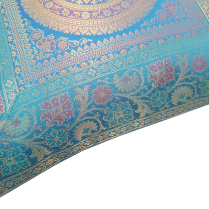 16x16 Inch Blue Cushion Covers Indian Woven Zari Brocade Banarasi Silk Mandala