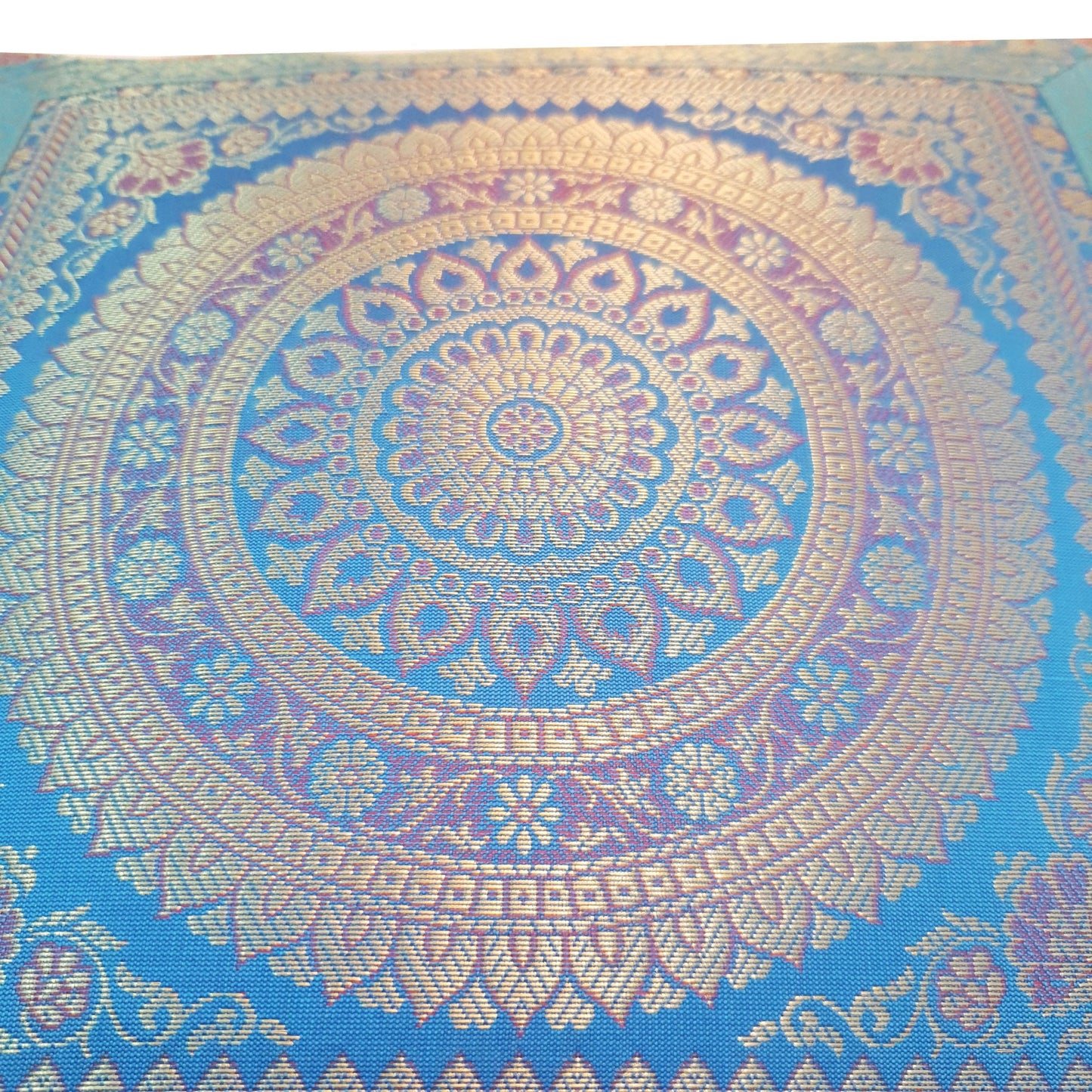 16x16 Inch Blue Cushion Covers Indian Woven Zari Brocade Banarasi Silk Mandala