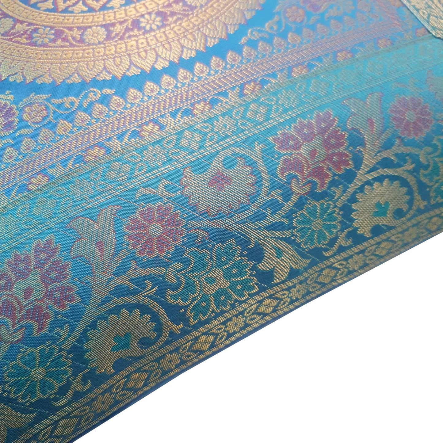 16x16 Inch Blue Cushion Covers Indian Woven Zari Brocade Banarasi Silk Mandala