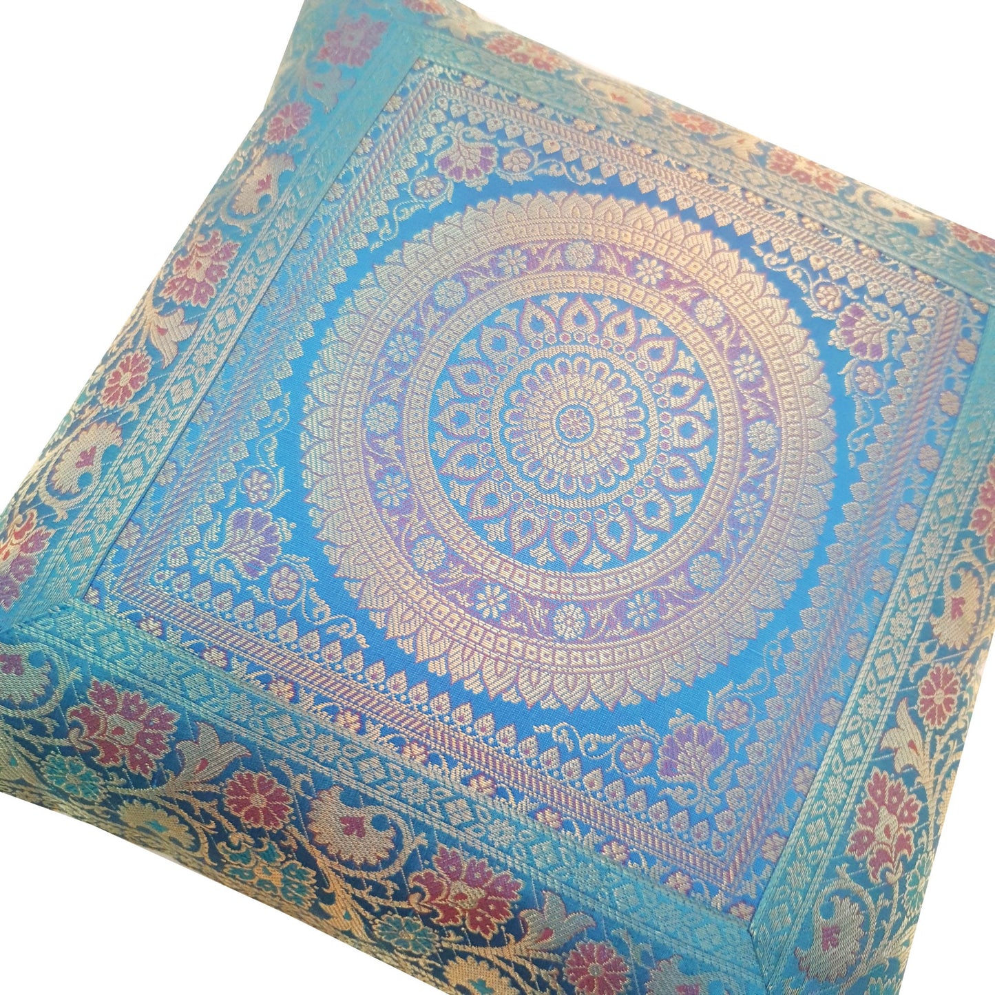16x16 Inch Blue Cushion Covers Indian Woven Zari Brocade Banarasi Silk Mandala