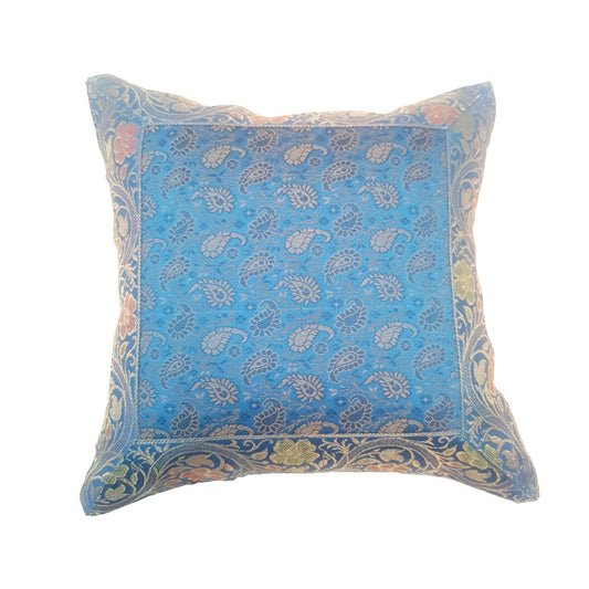 12x12 Inch Turquoise Blue Cushion Pillow Cover Silk Banarasi Woven Zari Brocade