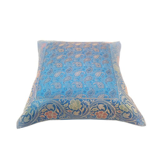 12x12 Inch Turquoise Blue Cushion Pillow Cover Silk Banarasi Woven Zari Brocade