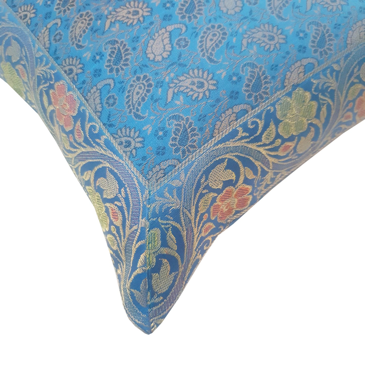 12x12 Inch Turquoise Blue Cushion Pillow Cover Silk Banarasi Woven Zari Brocade