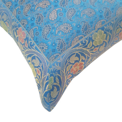 12x12 Inch Turquoise Blue Cushion Pillow Cover Silk Banarasi Woven Zari Brocade