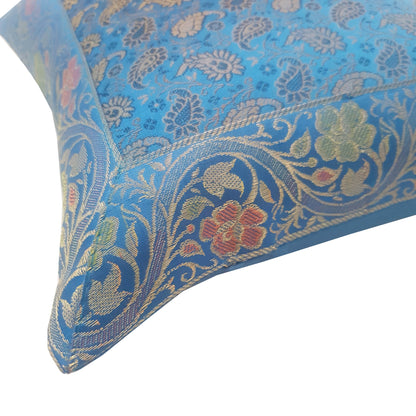 12x12 Inch Turquoise Blue Cushion Pillow Cover Silk Banarasi Woven Zari Brocade