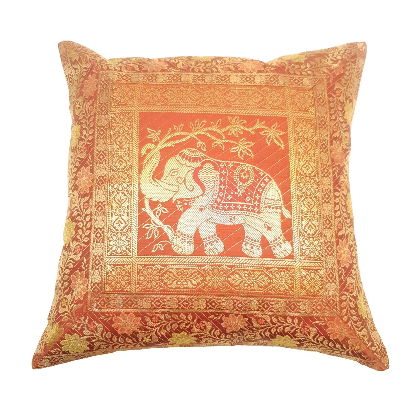 16x16 Inch Brown Cushion Cover Elephant Woven Zari Brocade Banarasi Silk Decor