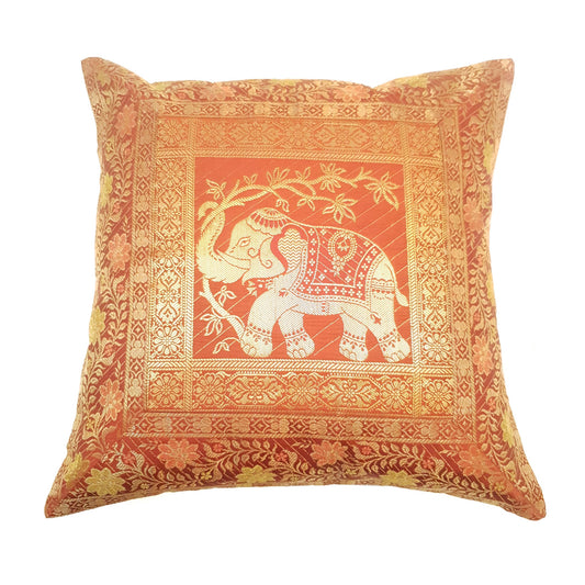 16x16 Inch Brown Cushion Cover Elephant Woven Zari Brocade Banarasi Silk Decor
