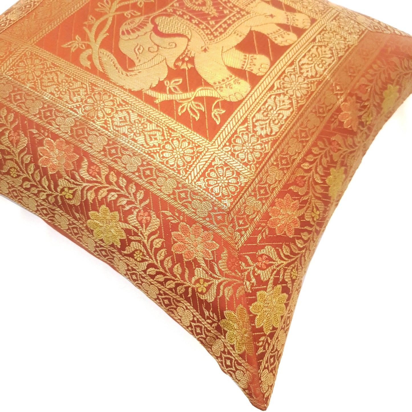 16x16 Inch Brown Cushion Cover Elephant Woven Zari Brocade Banarasi Silk Decor