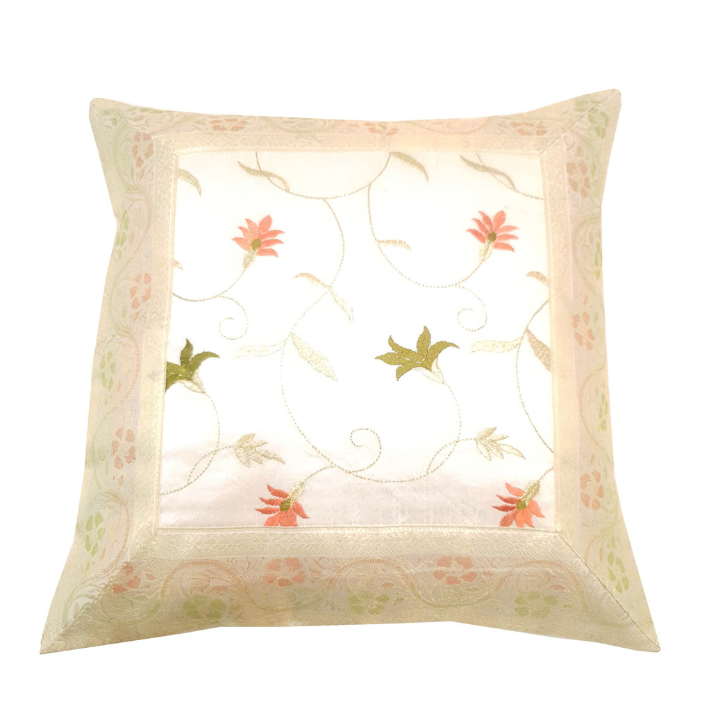 16x16 Inch White Cushion Covers Floral Embroidered Zari Brocade Banarasi Silk