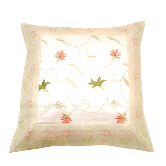 16x16 Inch White Cushion Covers Floral Embroidered Zari Brocade Banarasi Silk