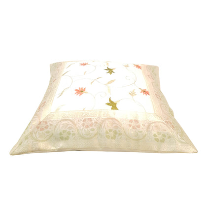 16x16 Inch White Cushion Covers Floral Embroidered Zari Brocade Banarasi Silk