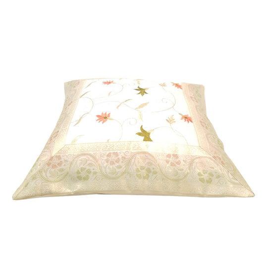 16x16 Inch White Cushion Covers Floral Embroidered Zari Brocade Banarasi Silk