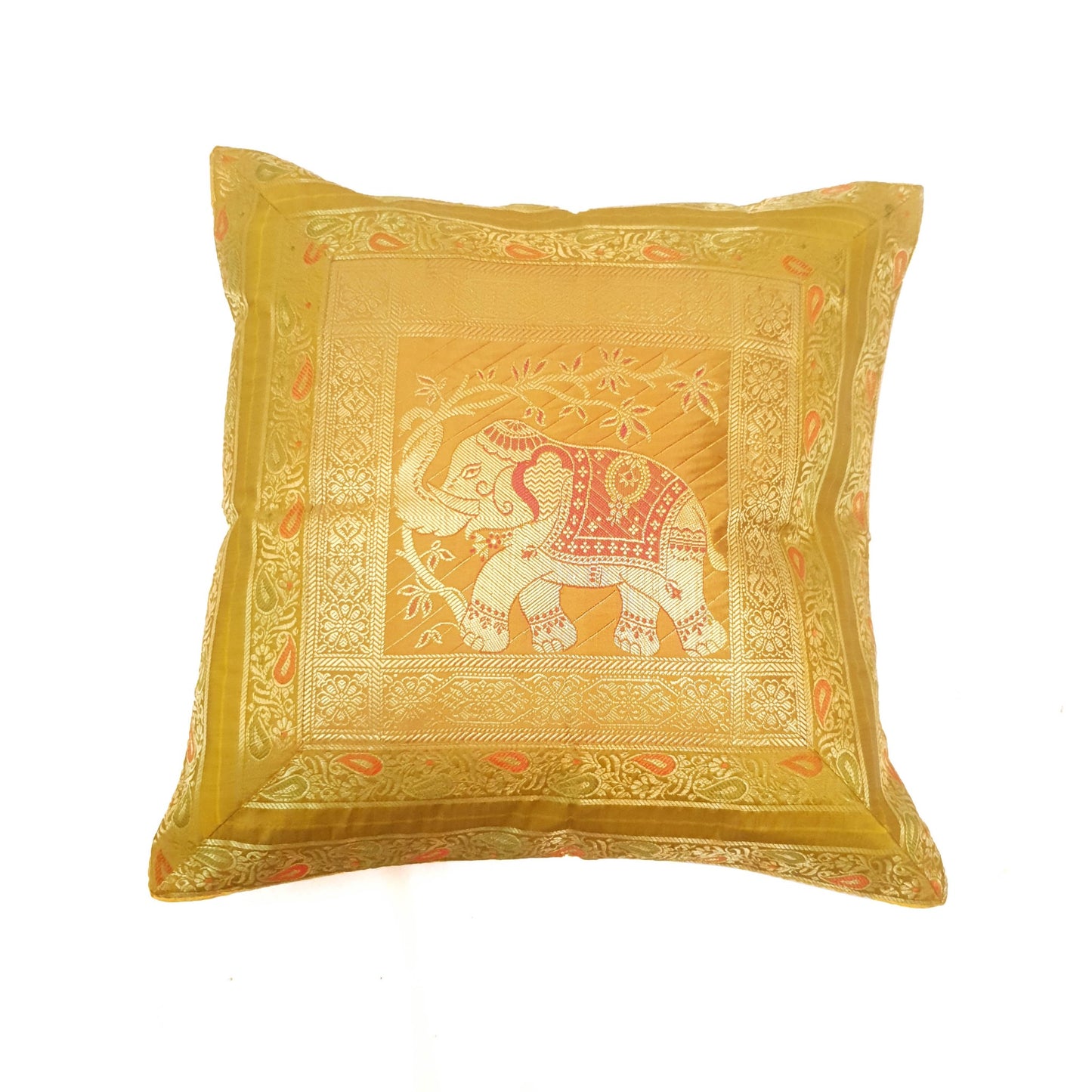16x16 Inch Cushion Cover Mustard Elephant Woven Zari Brocade Banarasi Silk Decor