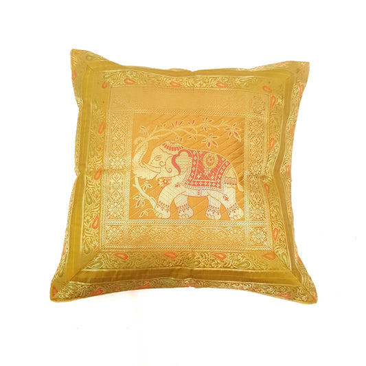 16x16 Inch Cushion Cover Mustard Elephant Woven Zari Brocade Banarasi Silk Decor